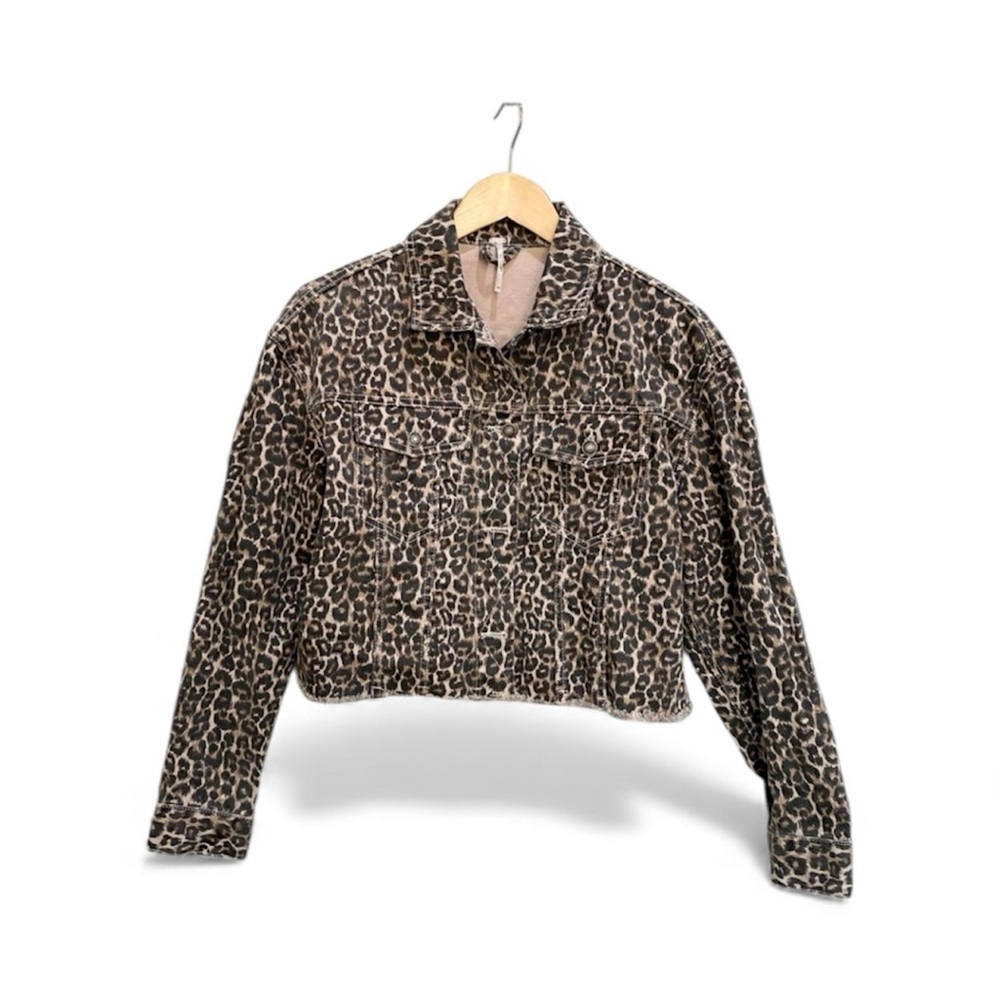 Free People animal leopard cheetah jacket with cropped cutoff hemline size xs - Picture 2 of 12